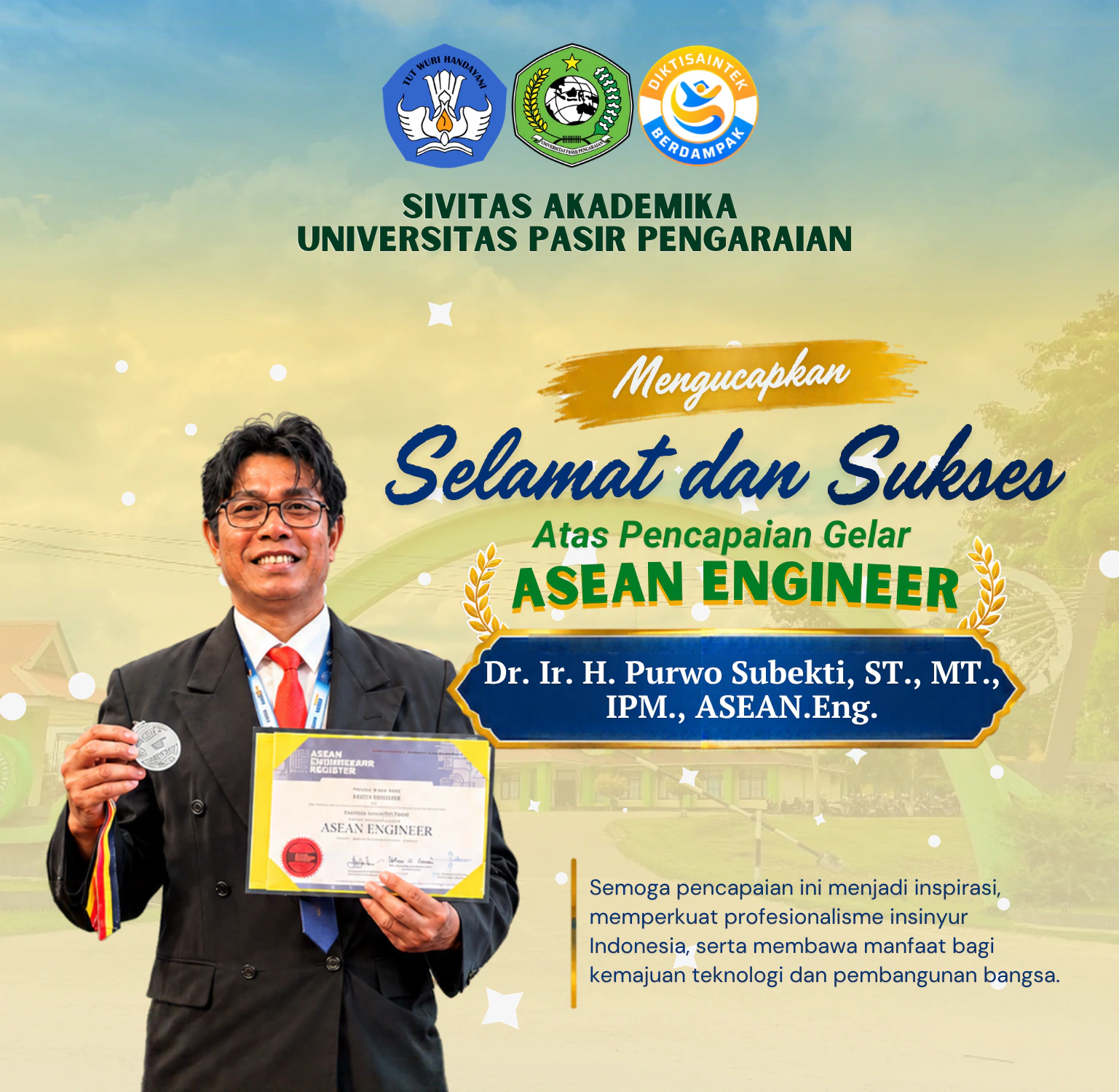 Raih Pengakuan Internasional, Dekan Fakultas Teknik UPP Dr. Ir. H. Purwo Subekti Resmi Sandang Gelar ASEAN Engineer